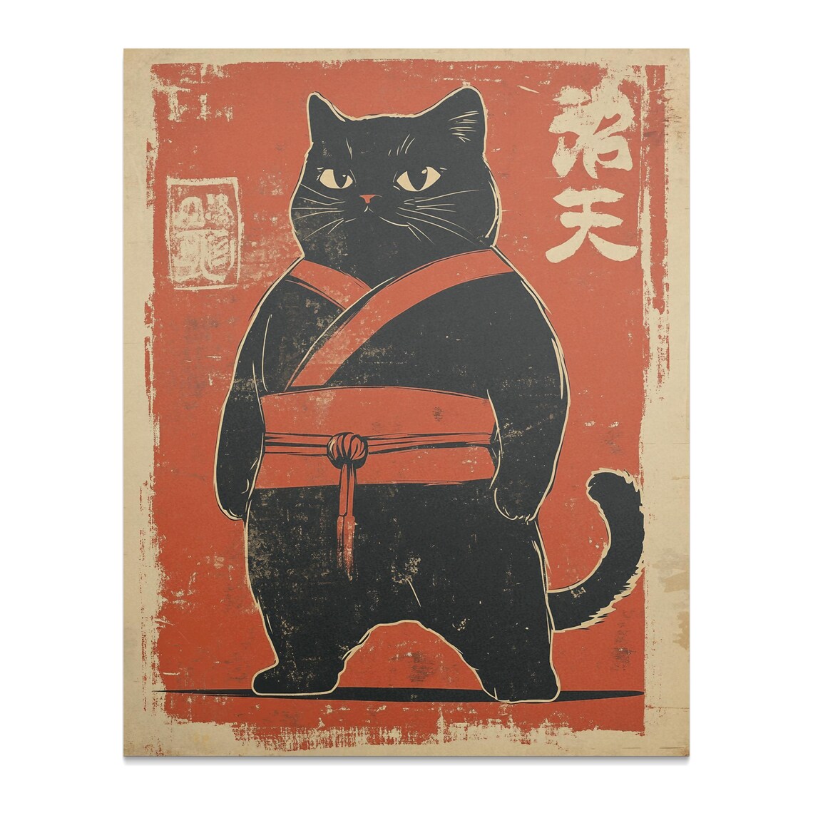 Black Cat Martial Arts Stance Red Belt Vintage Japanese Dojo Poster - Image 3