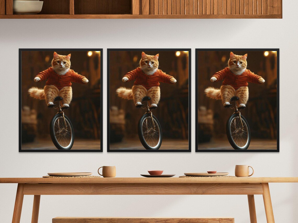 Funny Orange Cat Riding Unicycle Cozy Sweater Circus Wall Art Poster - Image 2