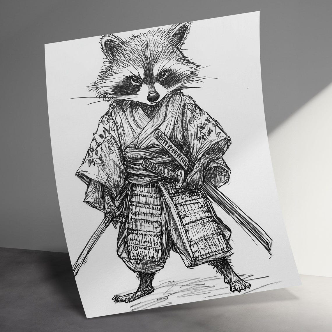 Samurai Raccoon Ink Sketch Japanese Warrior Swords Cute Art Poster - Image 2