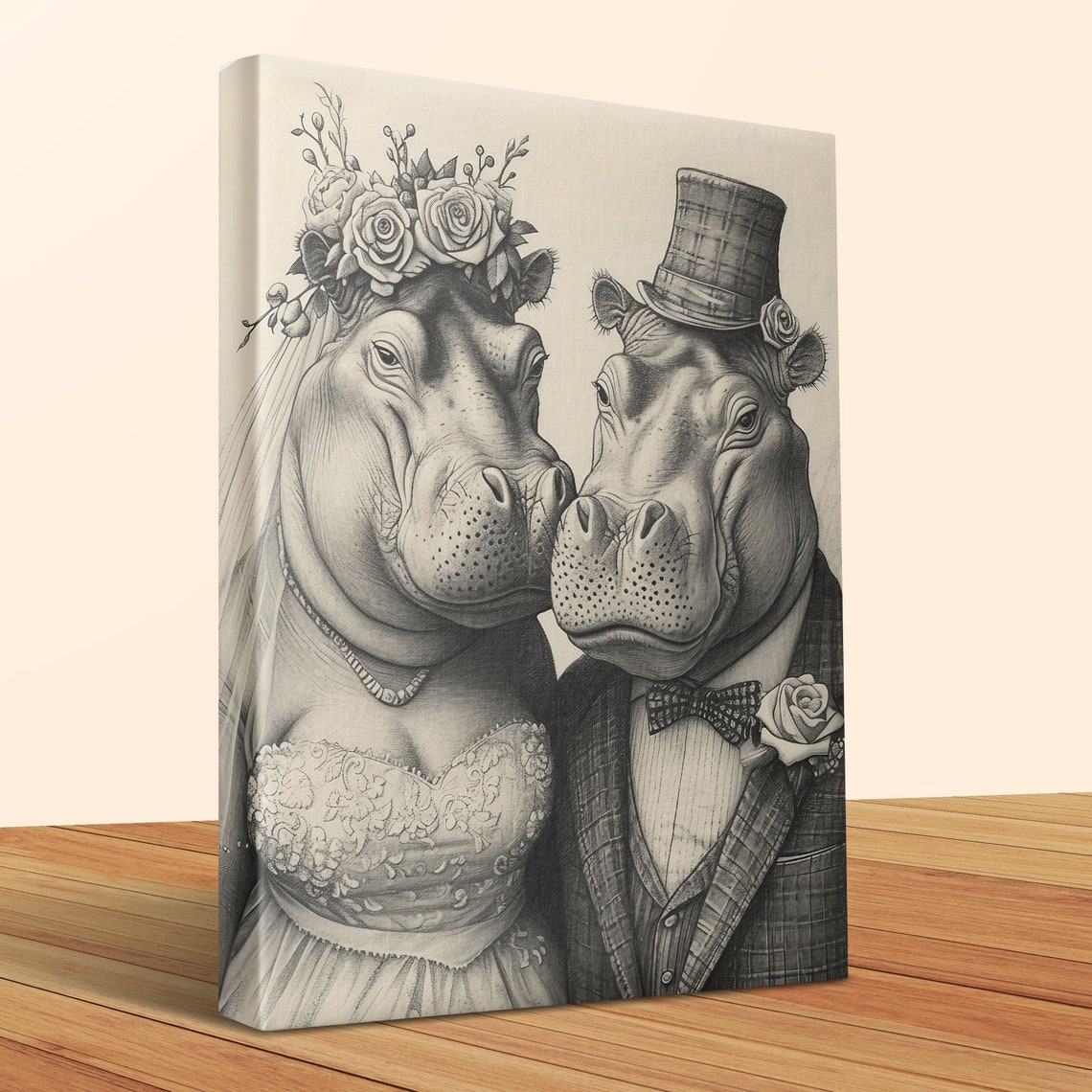 Hippo Bride and Groom Wedding Portrait Pencil Sketch Wall Art