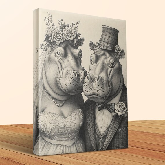 Hippo Bride and Groom Wedding Portrait Pencil Sketch Wall Art