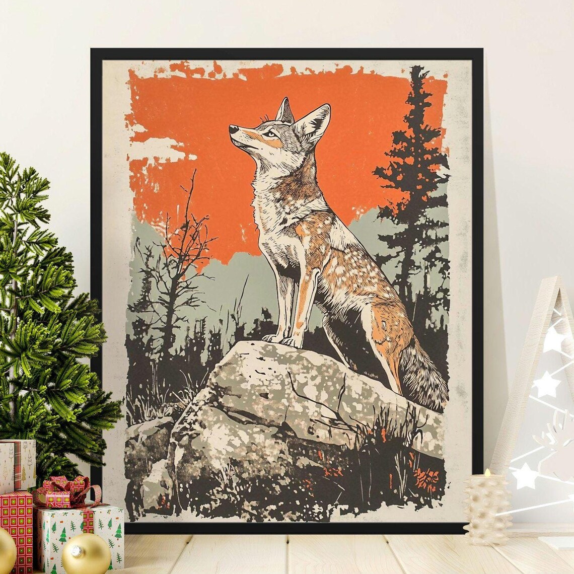 Coyote Standing On Rock Sunset Forest Retro Wilderness Wildlife Poster