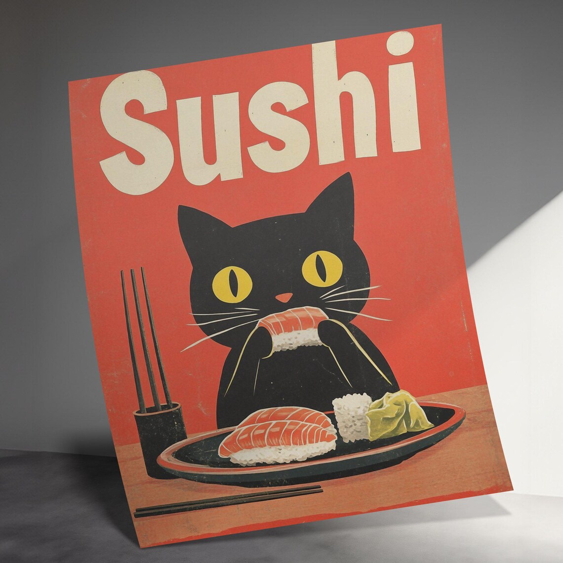 Sushi Text Black Cat Eating Nigiri Retro Red Japanese Food Poster - Image 3