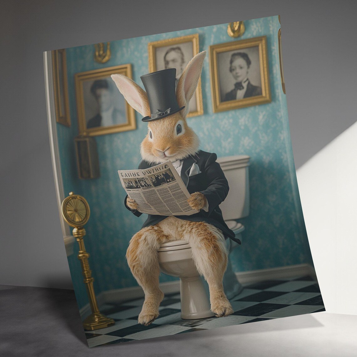 Gentleman Rabbit Reading Newspaper On Toilet Bathroom Humor Poster - Image 3