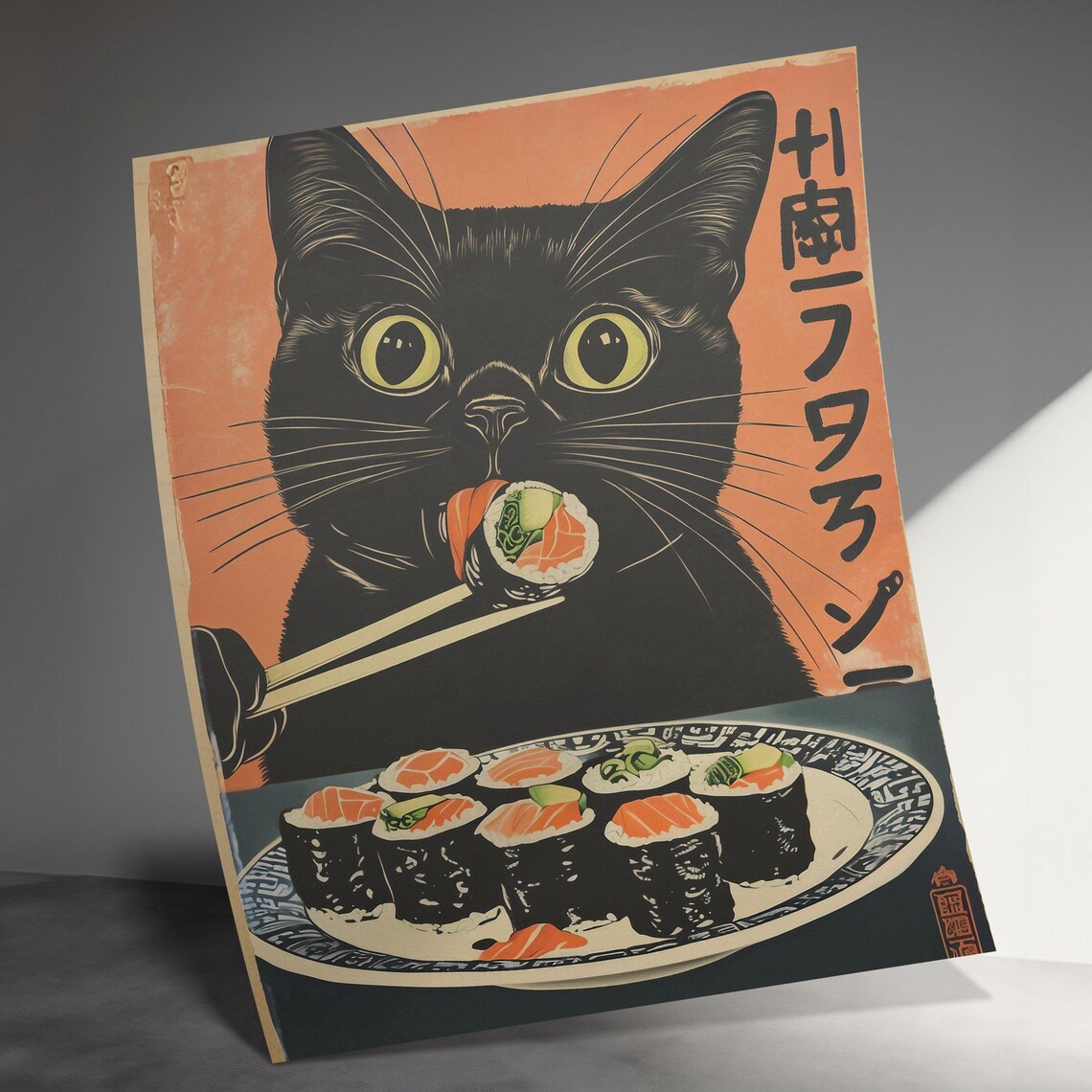 Cute Black Cat Eating Sushi Chopsticks Retro Japanese Kitchen Art Poster - Image 3