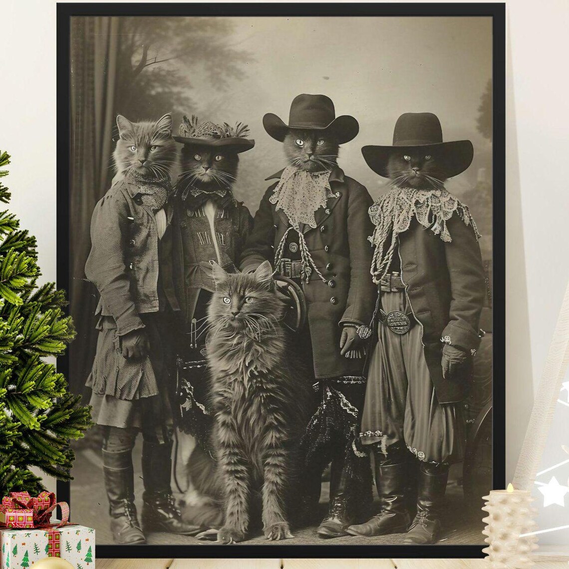 Cowboy Cats Vintage Group Portrait Quirky Wild West Feline Wall Art - Image 2