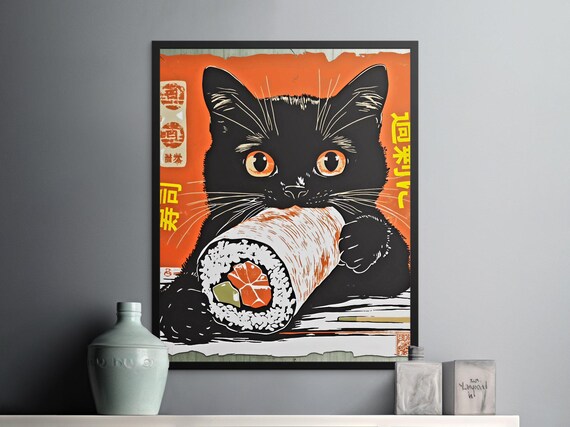 Black Cat Eating Giant Sushi Roll Retro Japanese Orange Poster