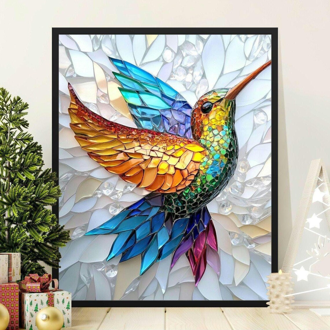Stained Glass Mosaic Hummingbird Rainbow 3D Jewel Tone Bird Wall Art