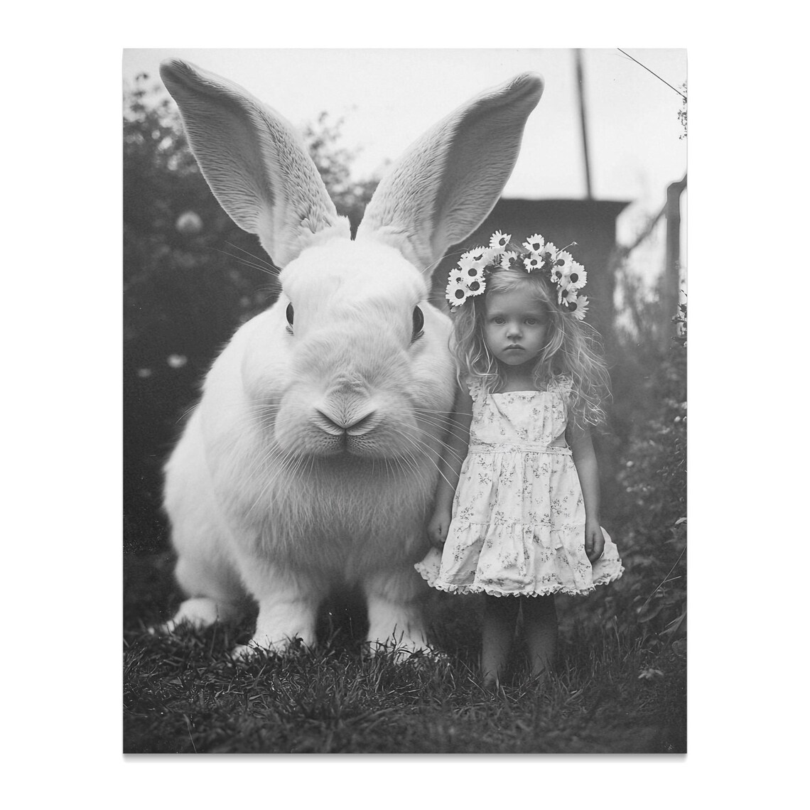 Giant White Rabbit With Little Girl Surreal Vintage Black And White Wall Art - Image 2