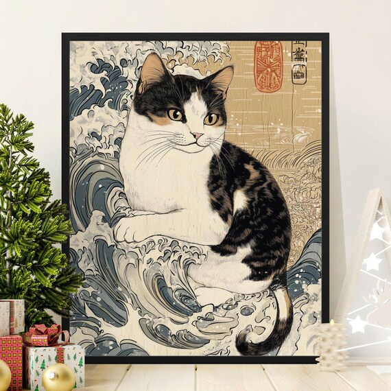 Japanese Woodblock Cat Great Wave Inspired Vintage Cat Poster