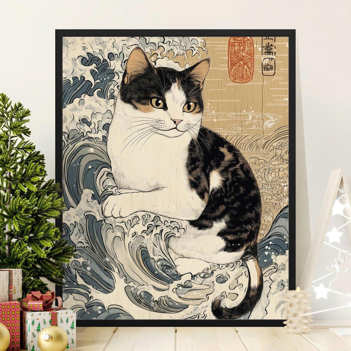 Japanese Woodblock Cat Great Wave Inspired Vintage Cat Poster