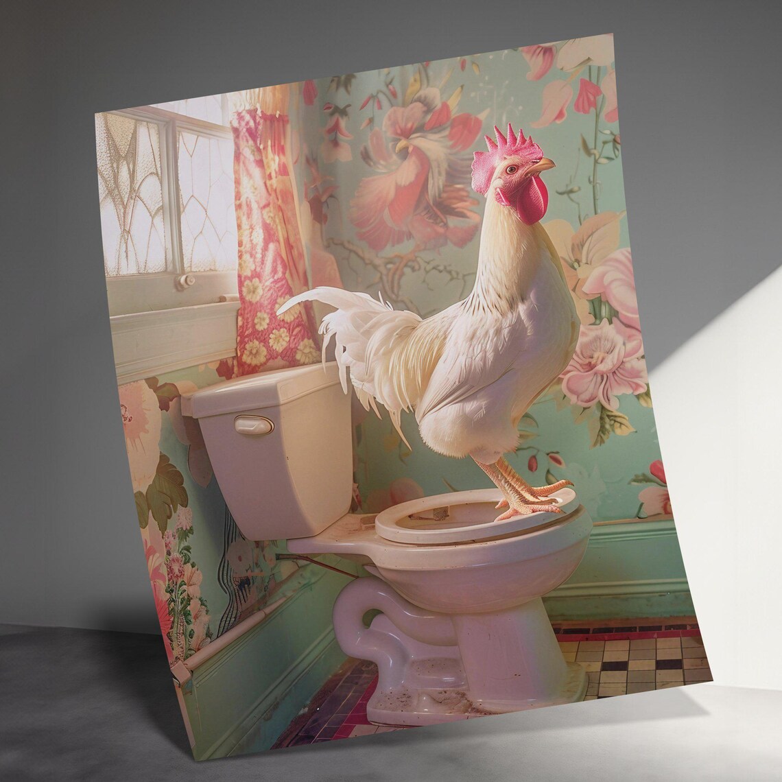 White Rooster Standing on a Toilet Seat Funny Bathroom Wall Art - Image 3