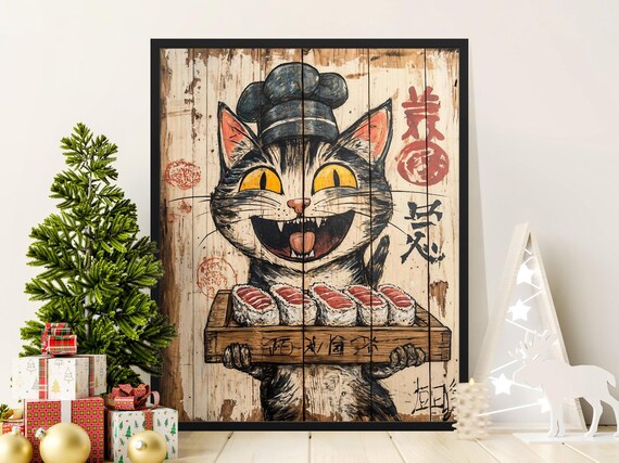 Smiling Tabby Chef Cat Serving Sushi Platter Vintage Art Poster