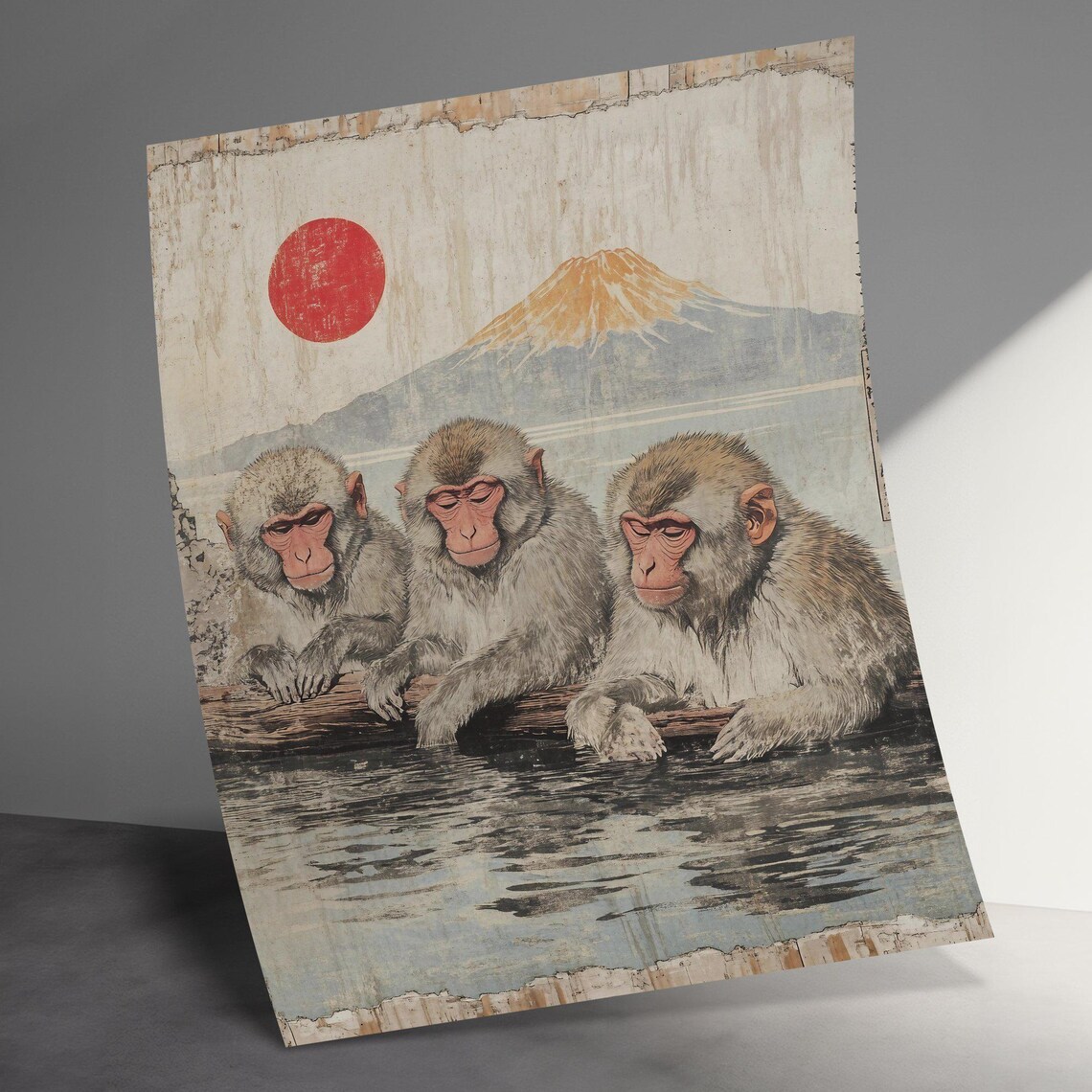 Snow Monkeys Bathing Red Sun Mount Fuji Japanese Vintage Art Poster - Image 2