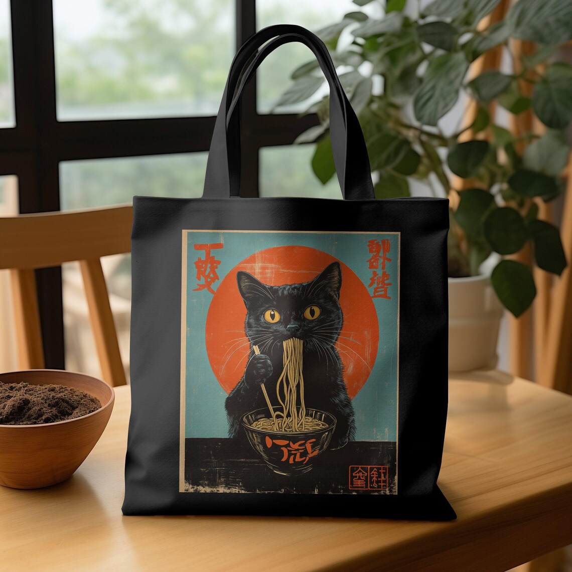 Black Cat Eating Noodles Japanese Retro Design Shown On Tote Bag Print - Image 2
