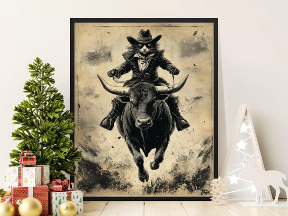 Cowboy Cat Riding Charging Longhorn Bull Black White Vintage Ink Poster
