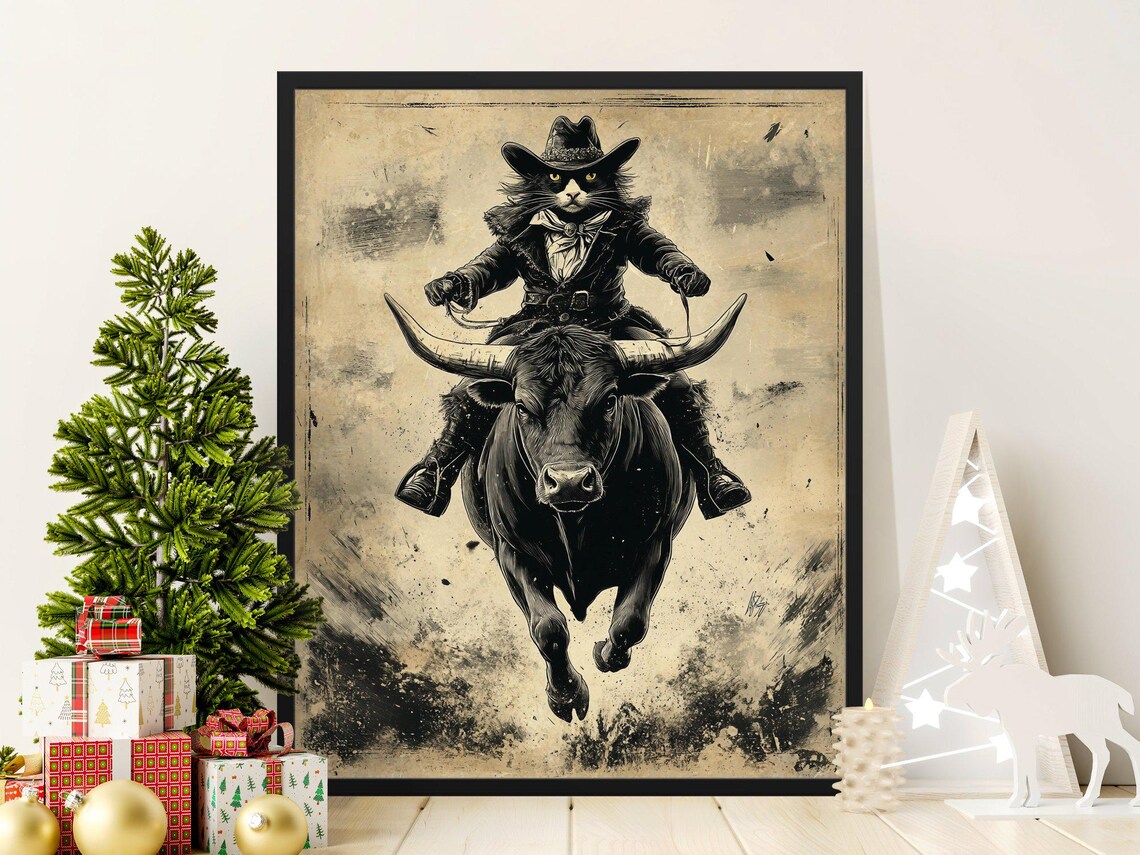 Cowboy Cat Riding Charging Longhorn Bull Black White Vintage Ink Poster