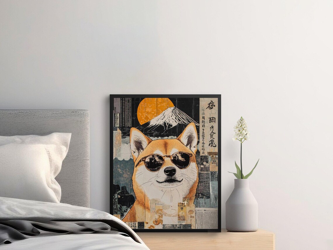 Cool Shiba Inu Dog Sunglasses Mount Fuji Japanese Collage Art Poster - Image 2