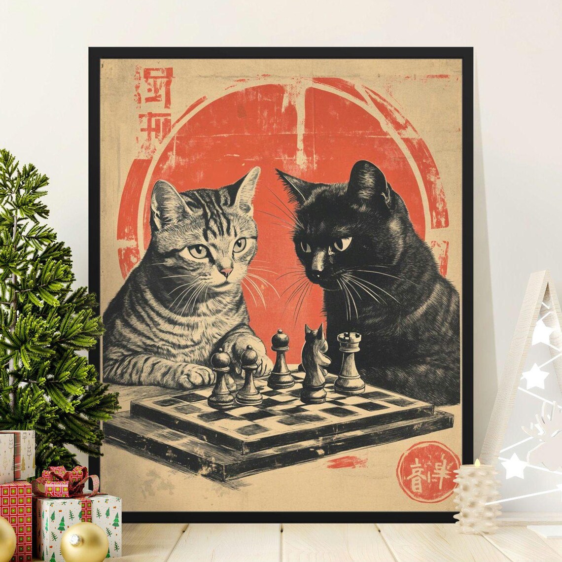 Vintage Cats Chess Game Art Print, Retro Feline Poster