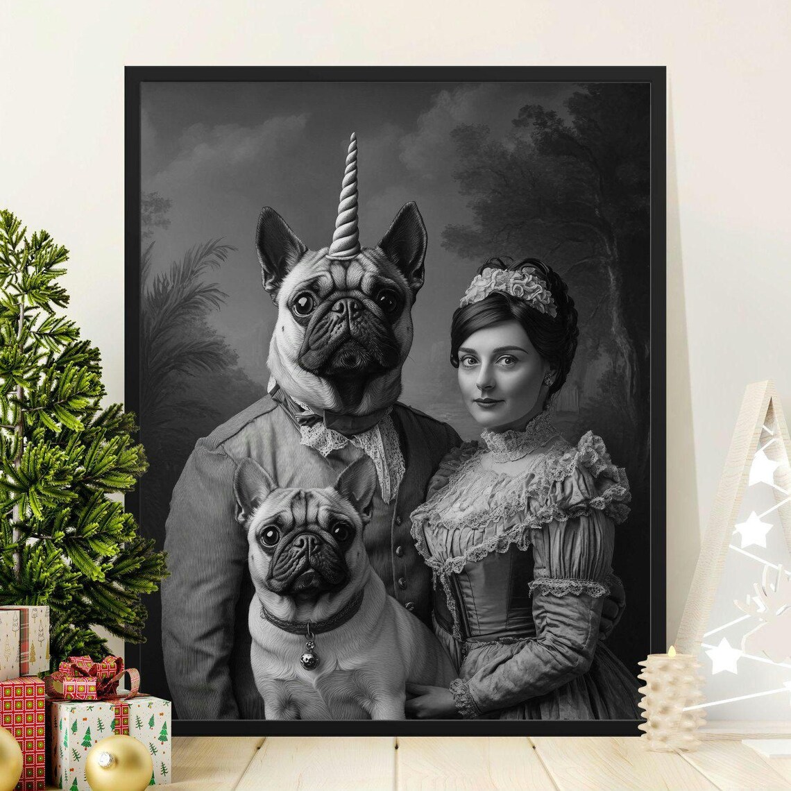 Victorian Pug Dog Unicorn Family Portrait Whimsical Gothic Dark Poster