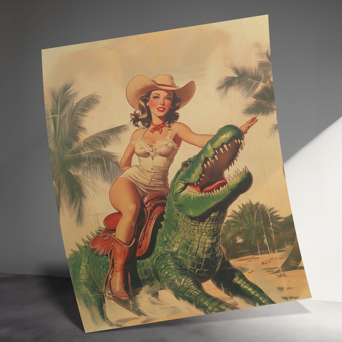 Vintage Pin Up Girl Riding Roaring Dinosaur Palm Retro Western Poster - Image 3