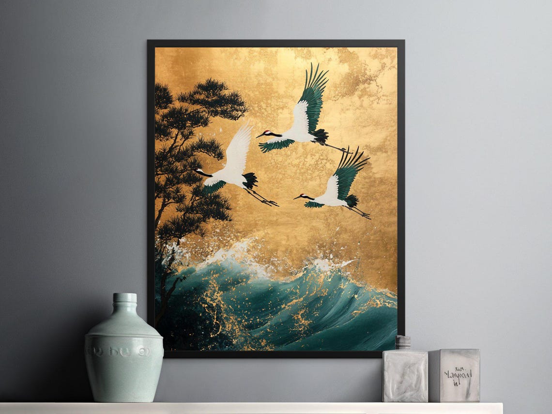 Elegant Japanese Cranes Flying Ocean Waves Gold Background Art Poster - Image 2