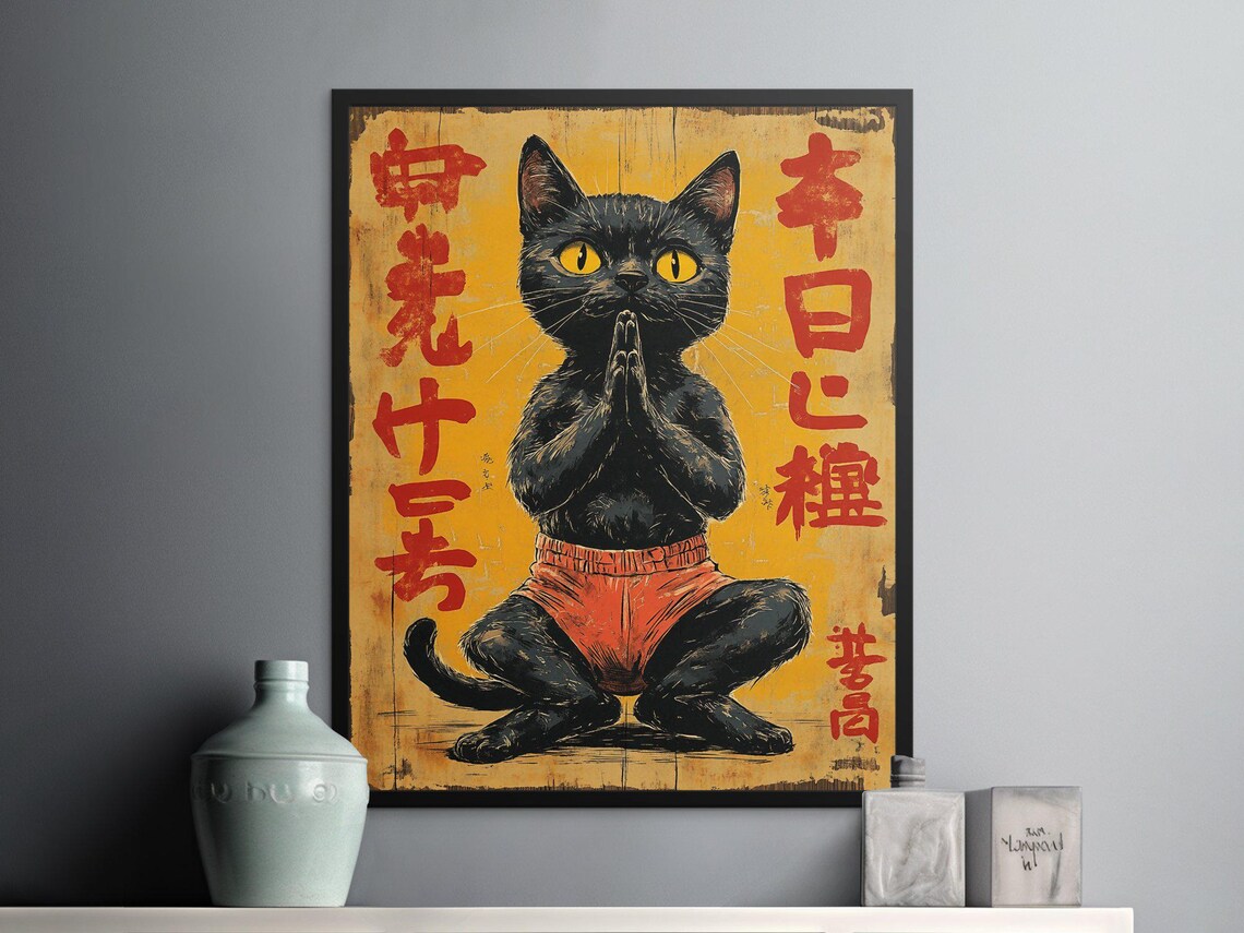 Meditating Black Cat Lotus Pose Red Shorts Vintage Japanese Zen Art Poster - Image 2