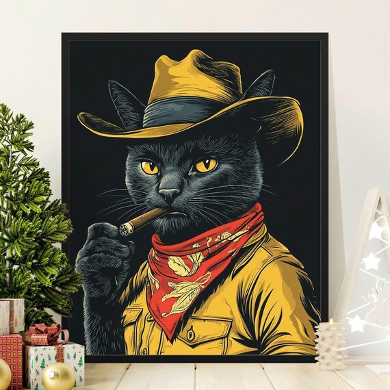 Cowboy Black Cat Cigar Red Bandana Dark Moody Western Outlaw Art Poster