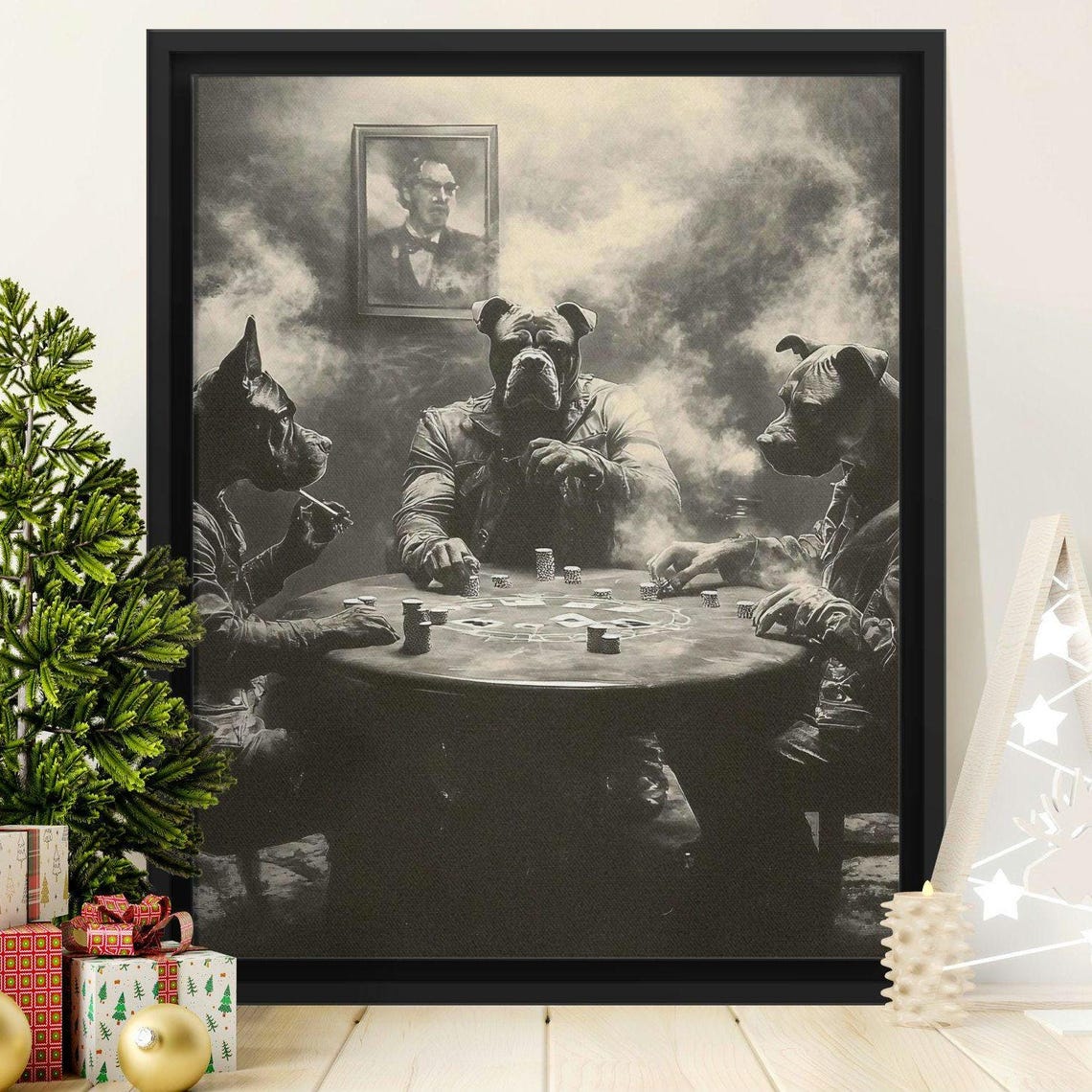 Dogs Playing Poker Around a Smoky Table Vintage Black White Poster