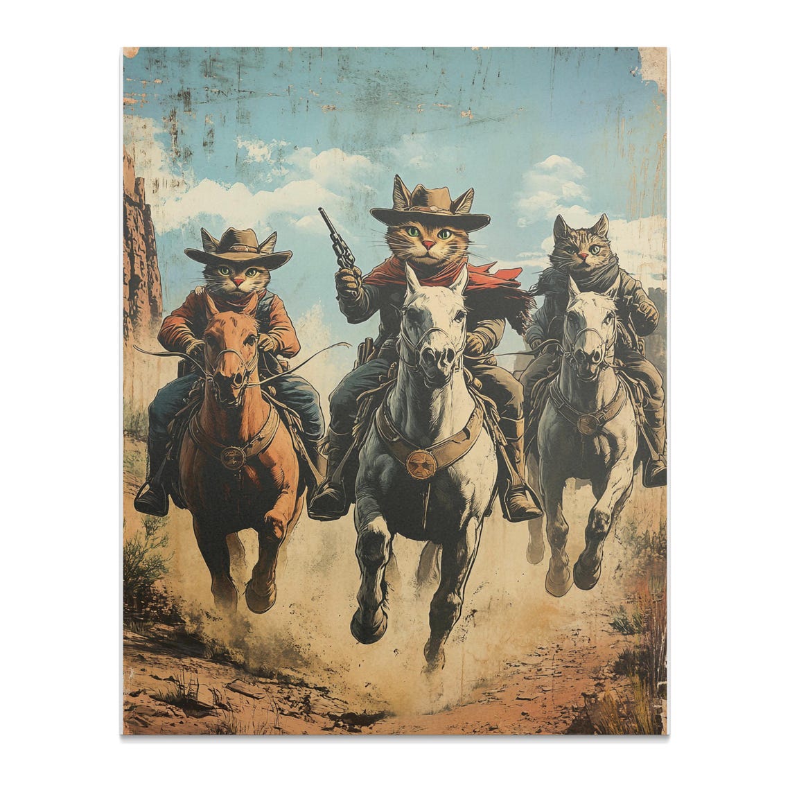 Three Cowboy Cats Riding Horses Desert Chase Vintage Western Poster - Image 2