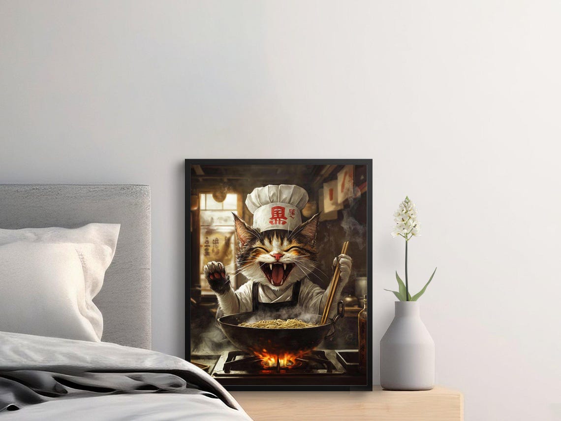 Smiling Chef Cat Stirring Wok Noodles Over Flame Kitchen Art Poster - Image 2