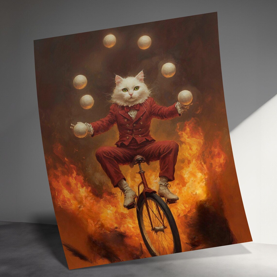 Circus Cat Juggling On Unicycle Surreal Fire Background Whimsical Poster - Image 3