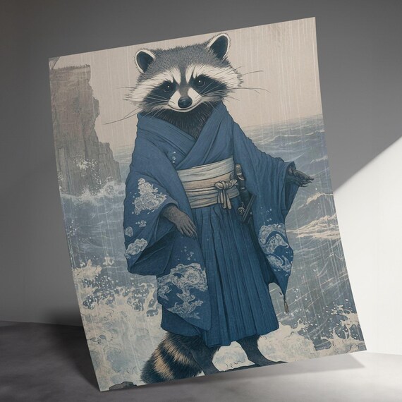 Raccoon In Blue Kimono Ocean Waves Japanese Style Wall Art Poster