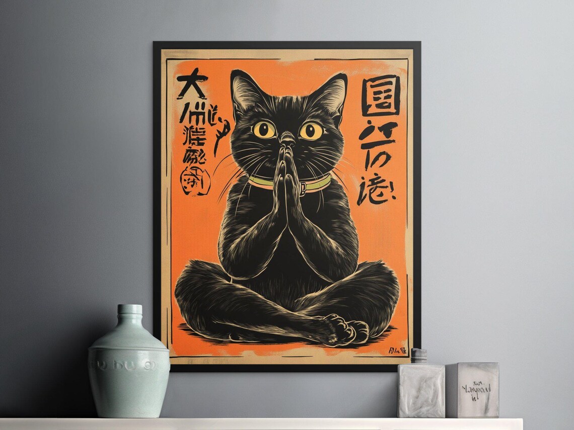 Meditating Black Cat Zen Prayer Pose Japanese Style Funny Cat Poster - Image 3