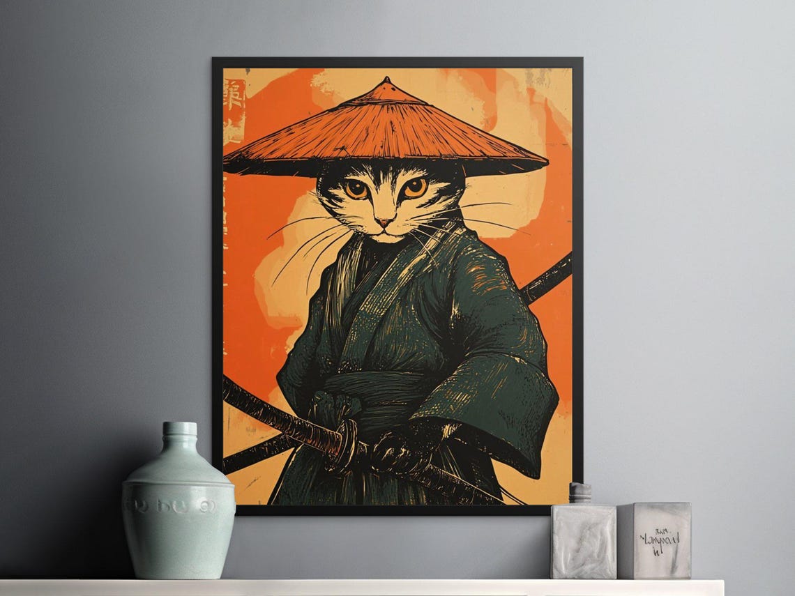 Samurai Cat In Straw Hat With Katana Japanese Warrior Art Poster - Image 2