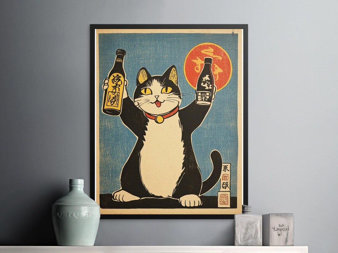 Vintage Lucky Cat Raising Sake Bottles Ukiyo E Japanese Good Luck Poster - Image 2