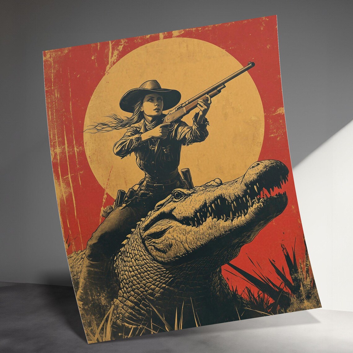 Cowgirl Riding Giant Alligator Rifle Vintage Western Sunset Art Poster - Image 3