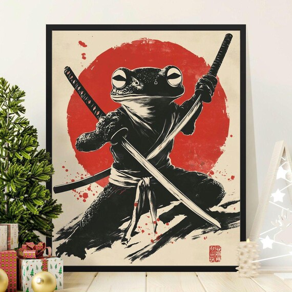 Samurai Frog Warrior With Katana Red Sun Japanese Ink Art Poster