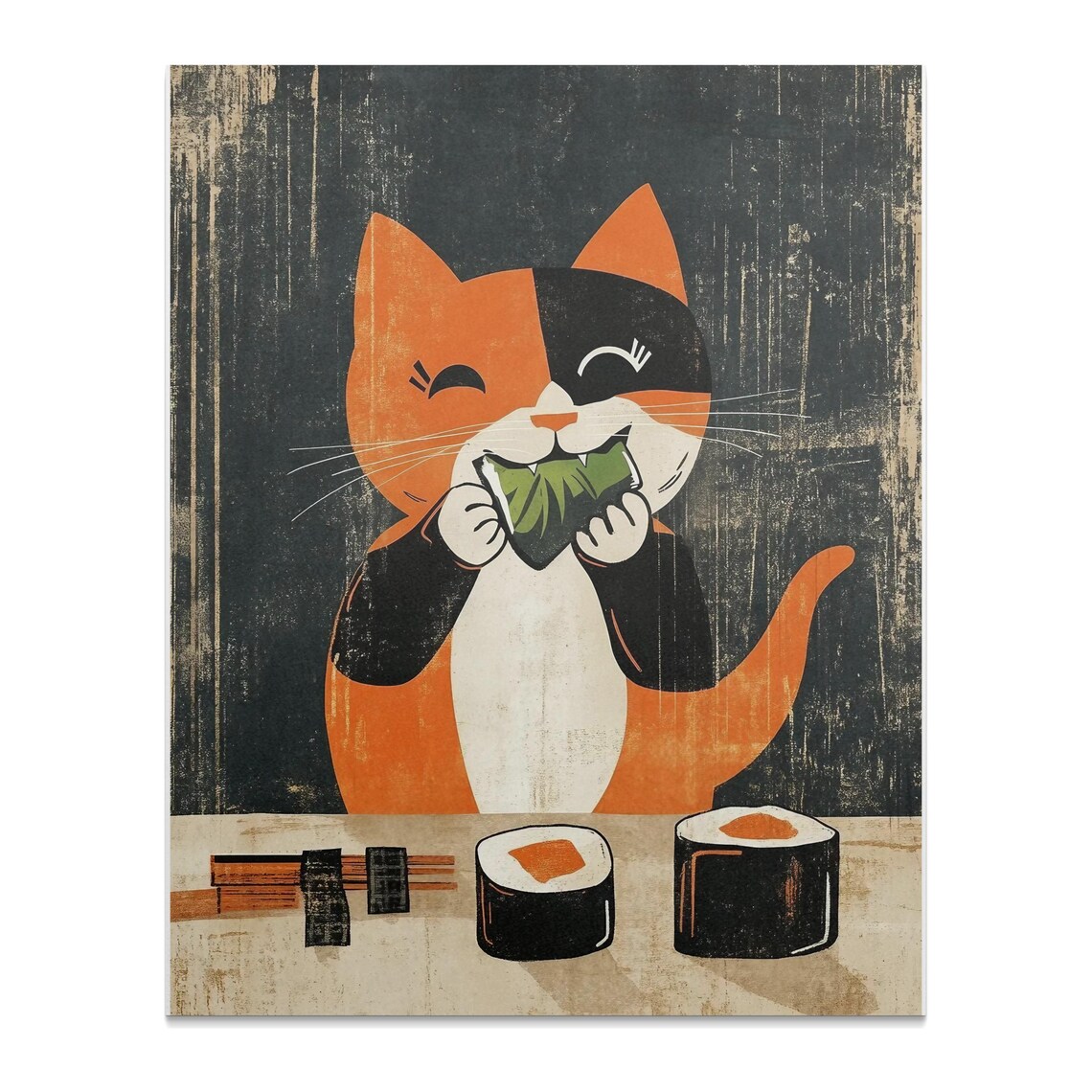 Calico Cat Eating Onigiri Rice Ball Cute Vintage Japanese Food Poster - Image 2