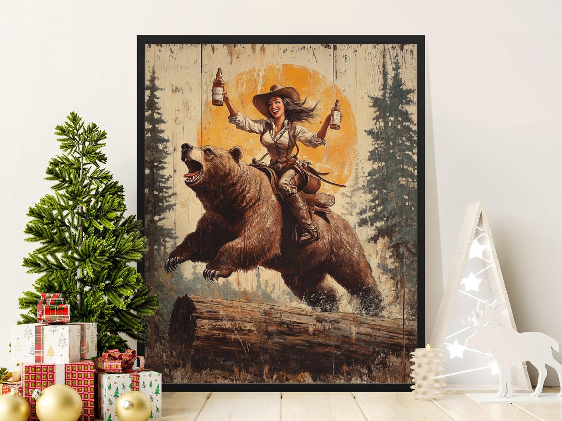 Wild West Cowgirl Riding Roaring Bear Double Bottle Sunset Poster