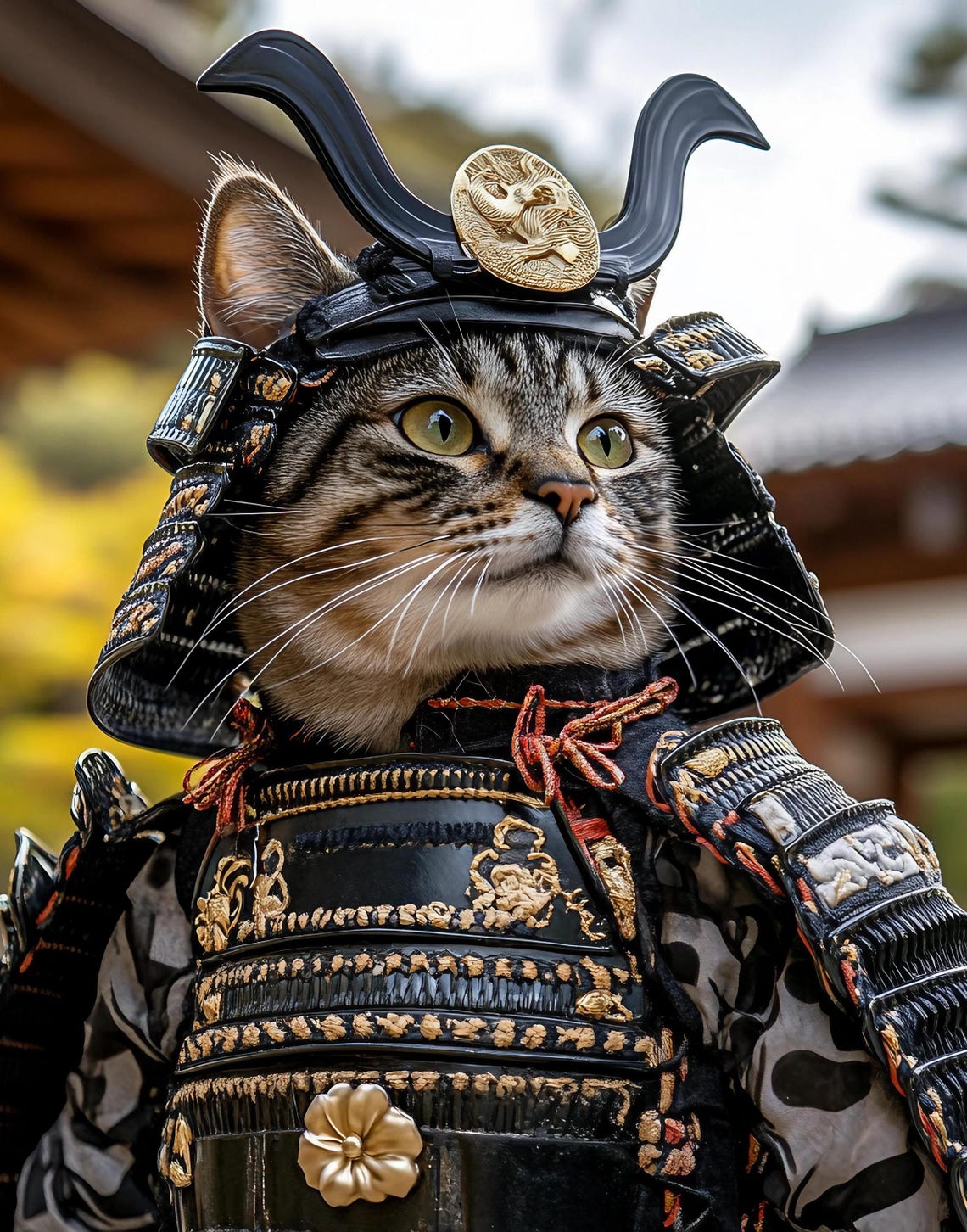 Tabby Cat Wearing Samurai Armor Helmet Japanese Warrior Art Poster - Image 2