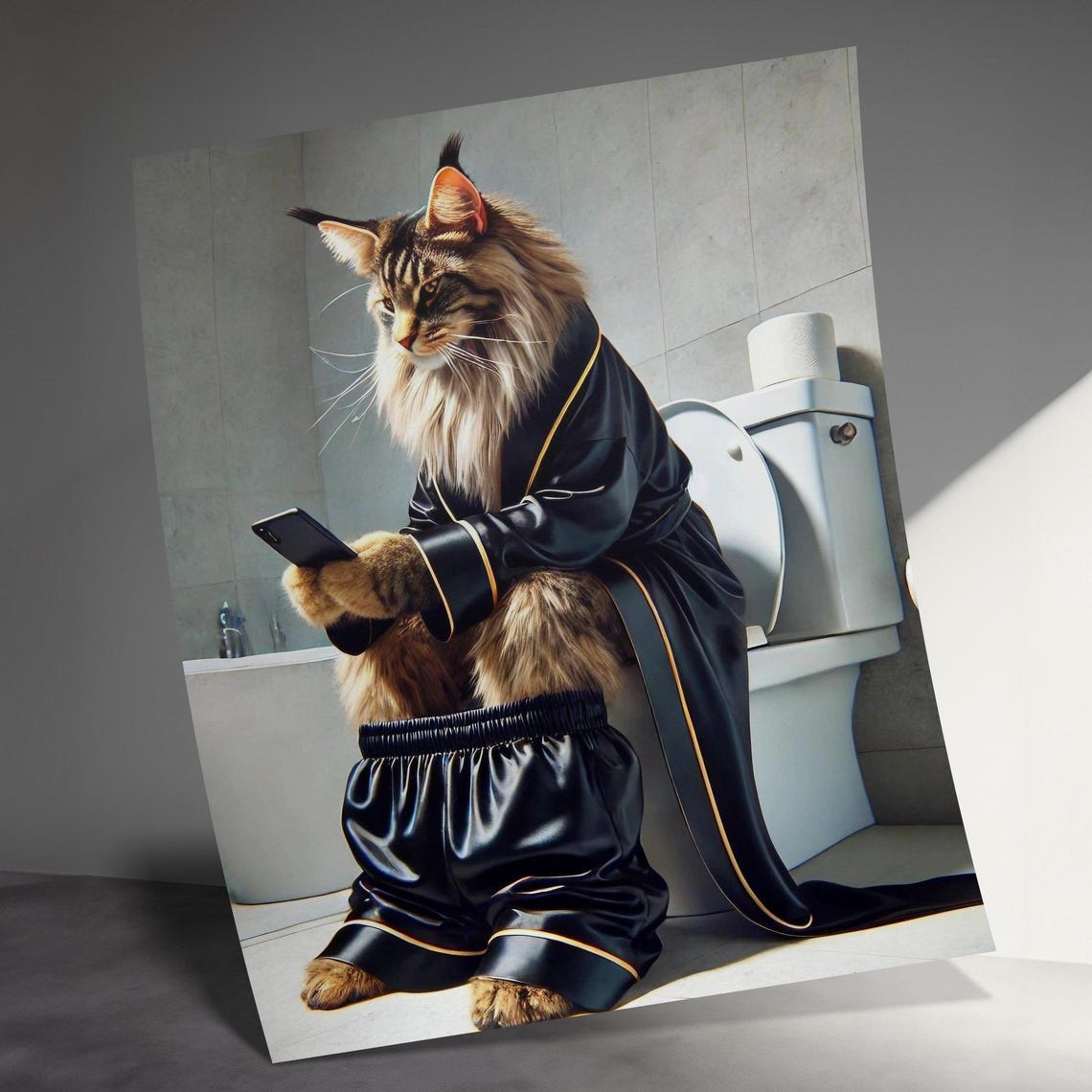 Maine Coon Cat in a Bathrobe on the Toilet Scrolling Phone Wall Art - Image 3