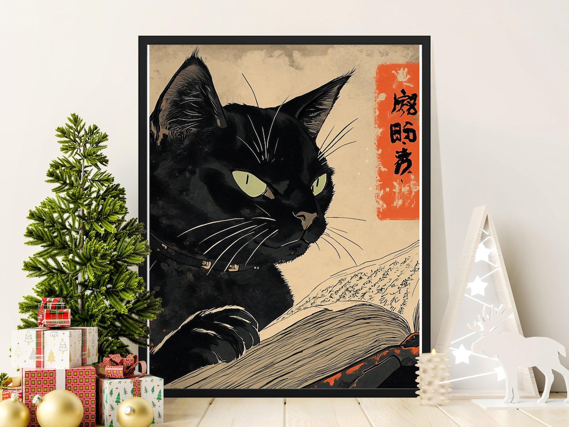 Black Cat Reading Book Vintage Japanese Ink Scholarly Library Art Poster