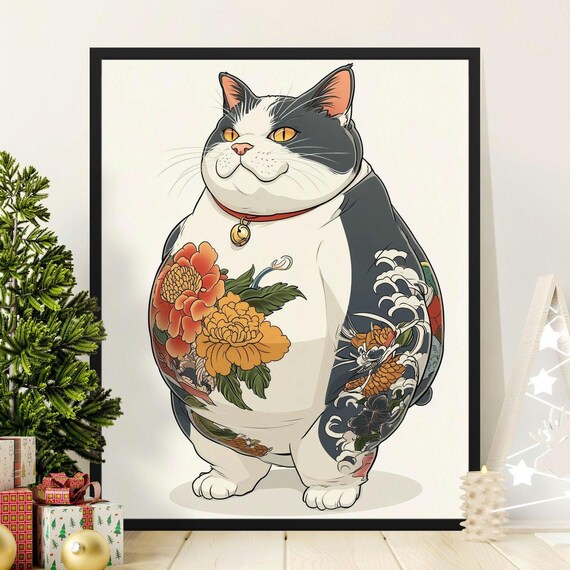 Chubby Cat With Japanese Tattoo Peonies Waves Floral Ink Art Poster
