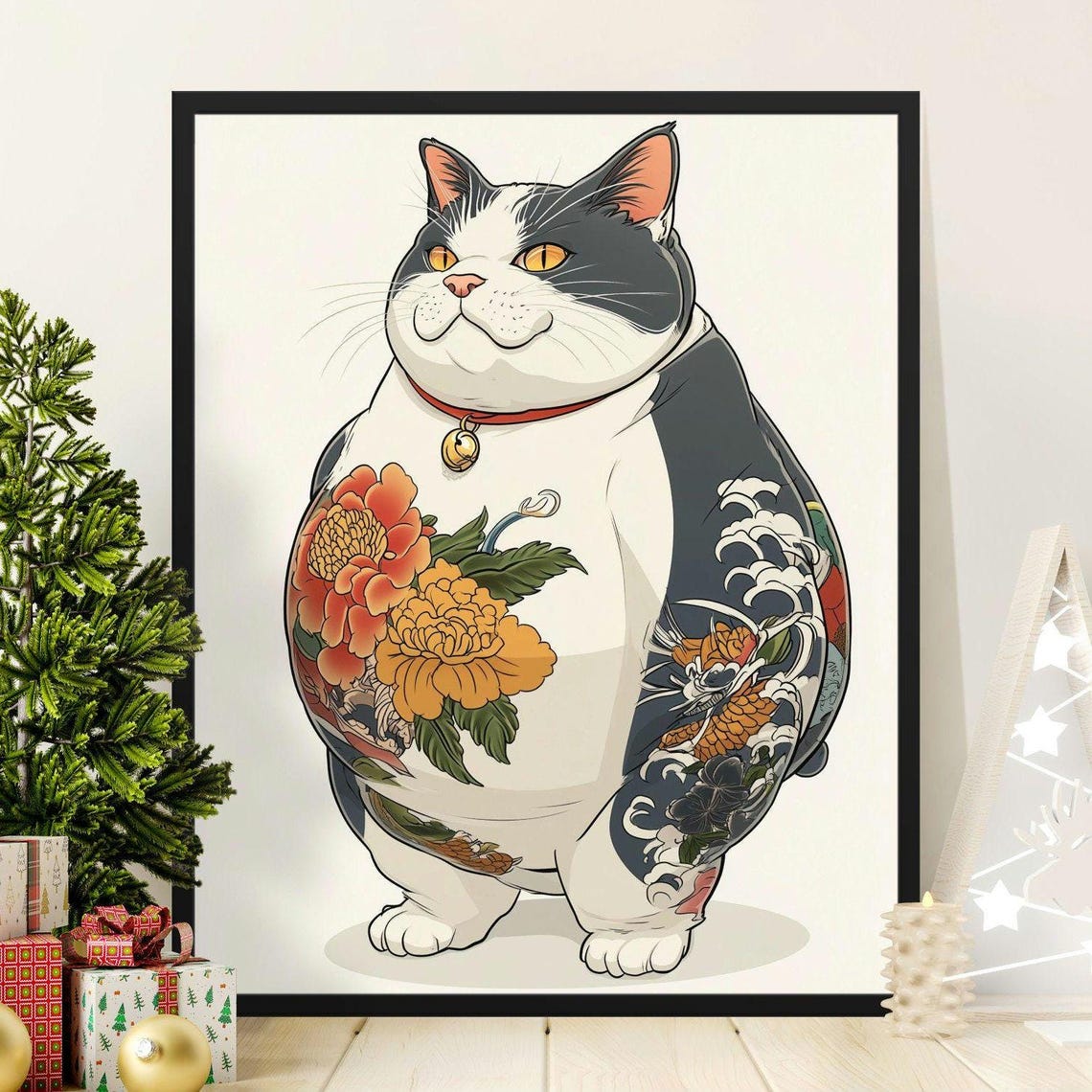 Chubby Cat With Japanese Tattoo Peonies Waves Floral Ink Art Poster