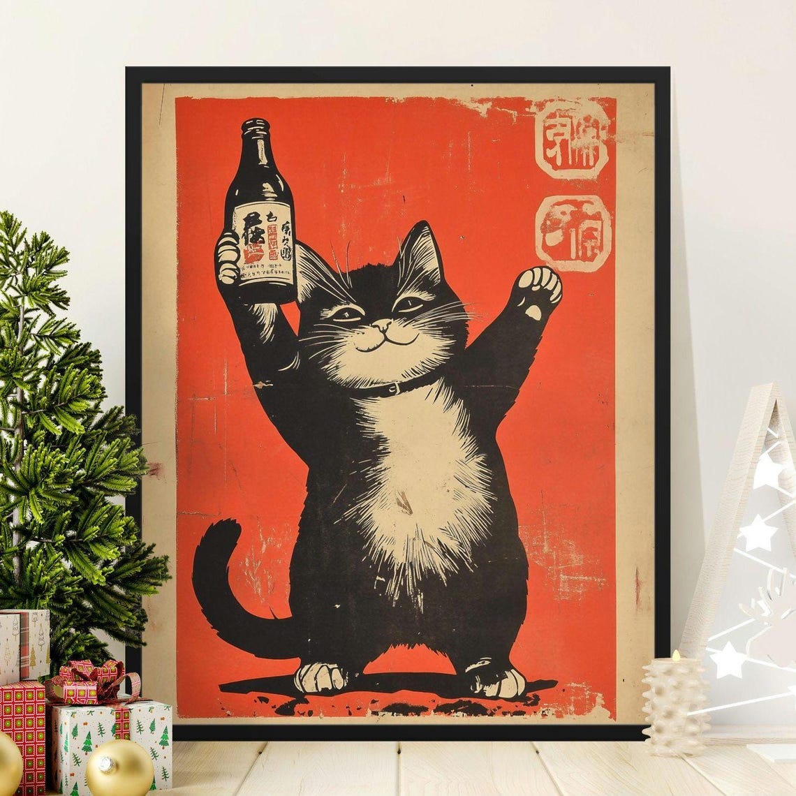 Cheerful Cat Raising Sake Bottle Lucky Red Retro Japanese Art Poster