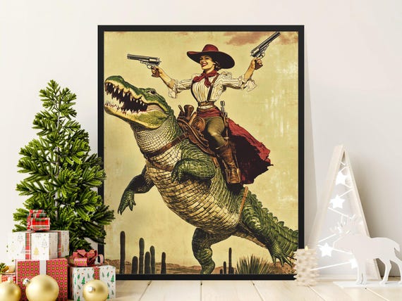 Retro Wild West Woman Riding Alligator Poster Vintage Western Artwork Unique Cowboy Gunfighter Wall Art Rustic Home Decor Print