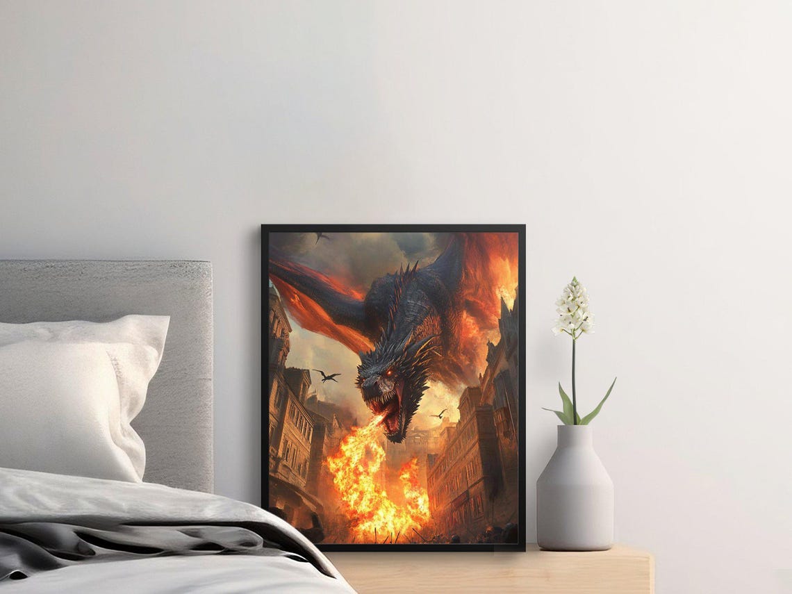 Fire Breathing Dragon Attacking Medieval City Epic Fantasy Art Print - Image 2