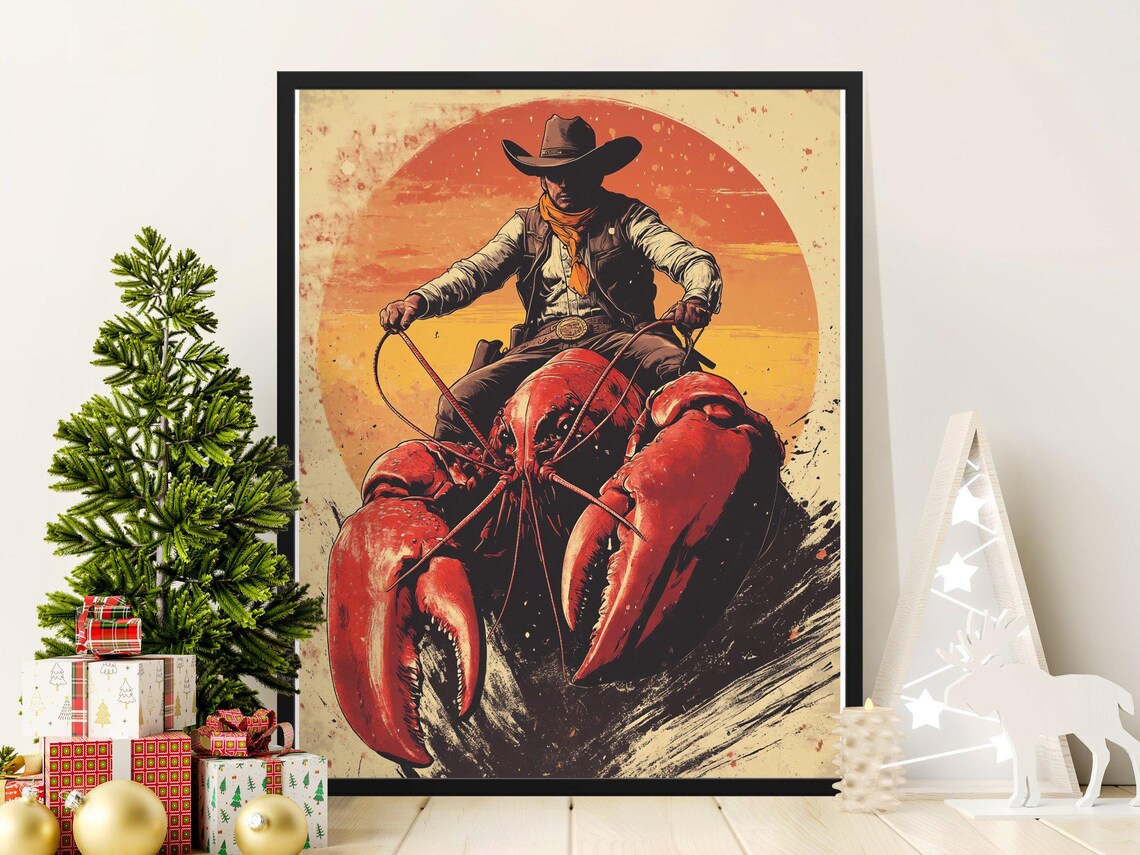 Cowboy Riding Giant Lobster Surreal Western Sunset Adventure Poster