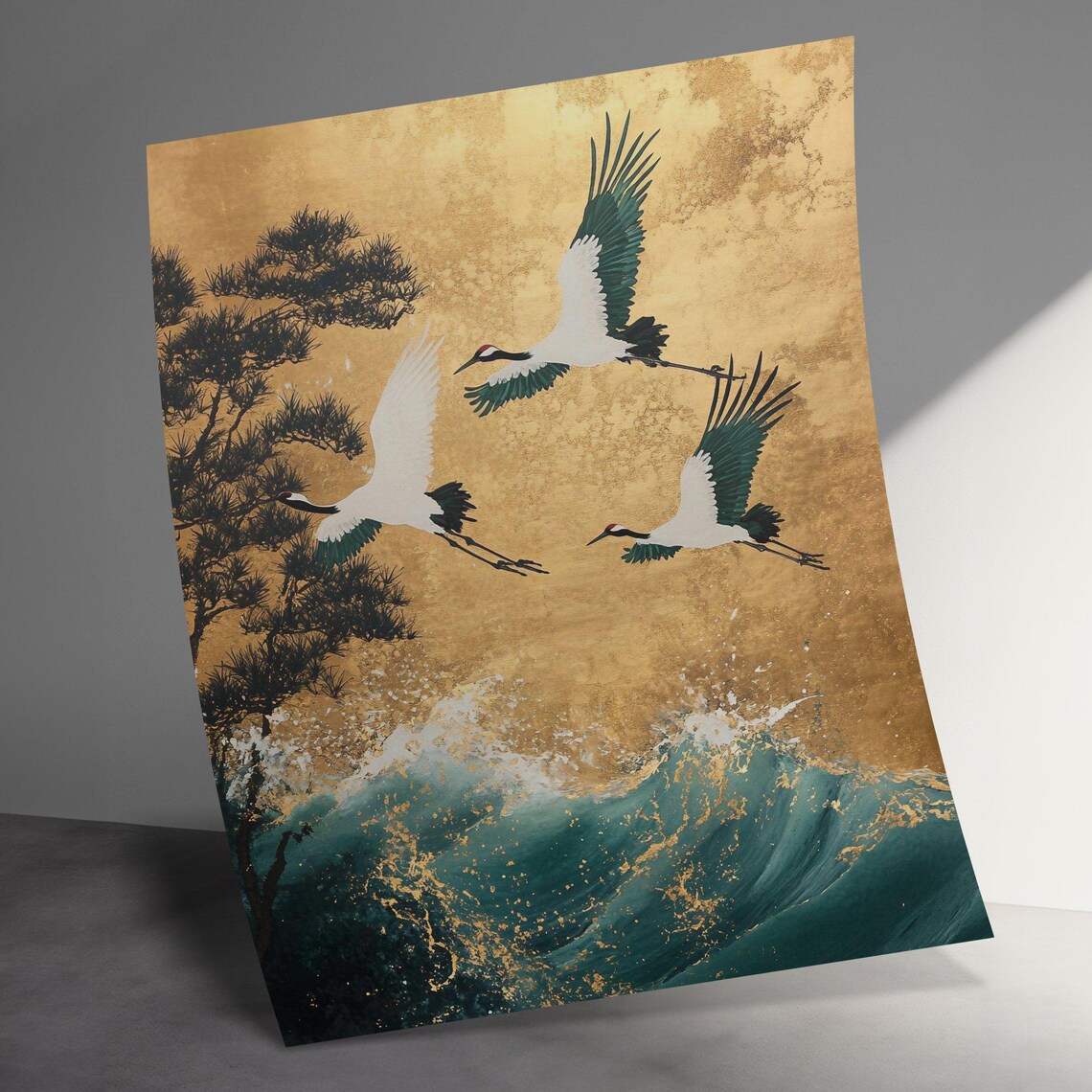 Elegant Japanese Cranes Flying Ocean Waves Gold Background Art Poster - Image 3